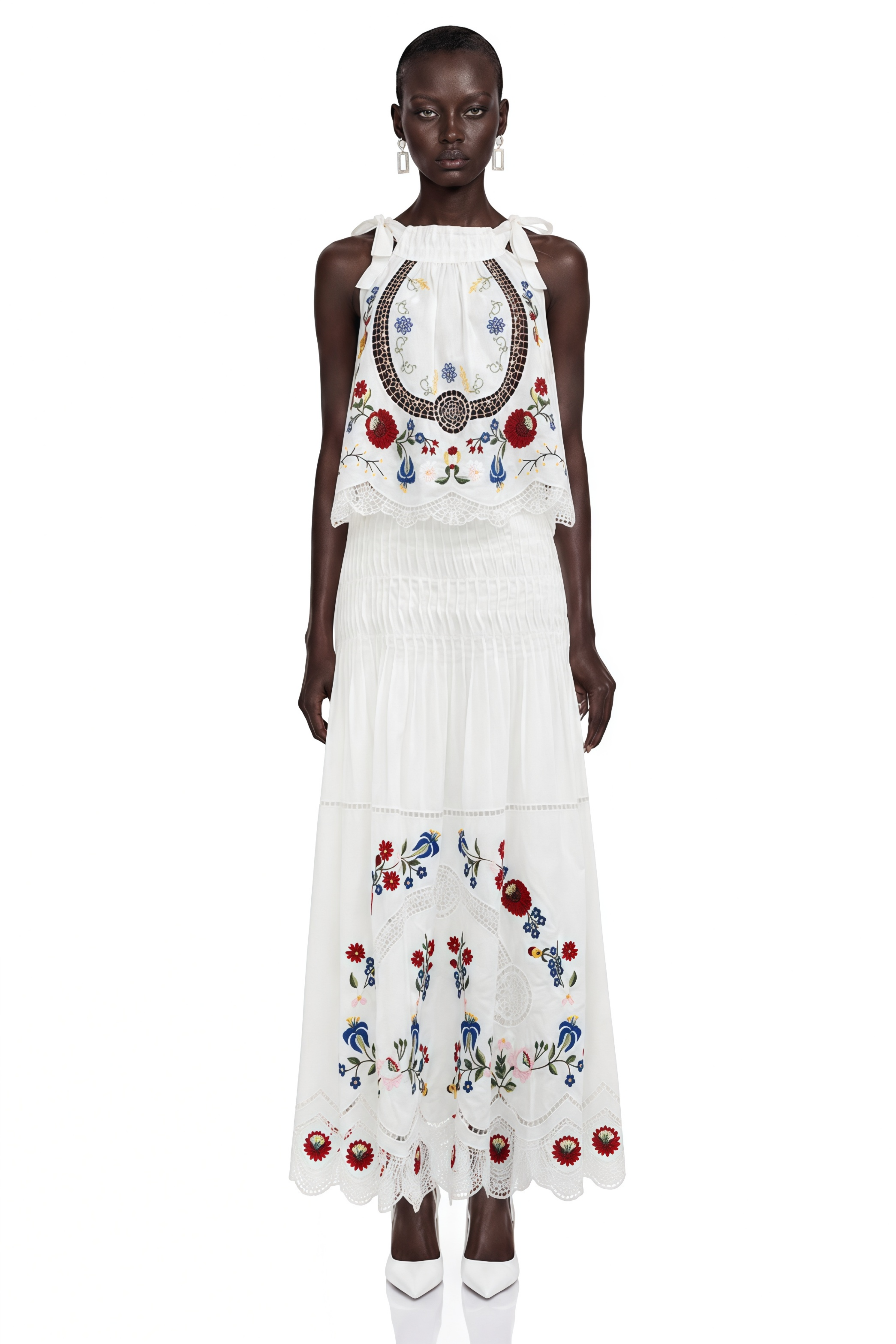 Wyna White Floral Print Top & Skirt Set with Lace Trim