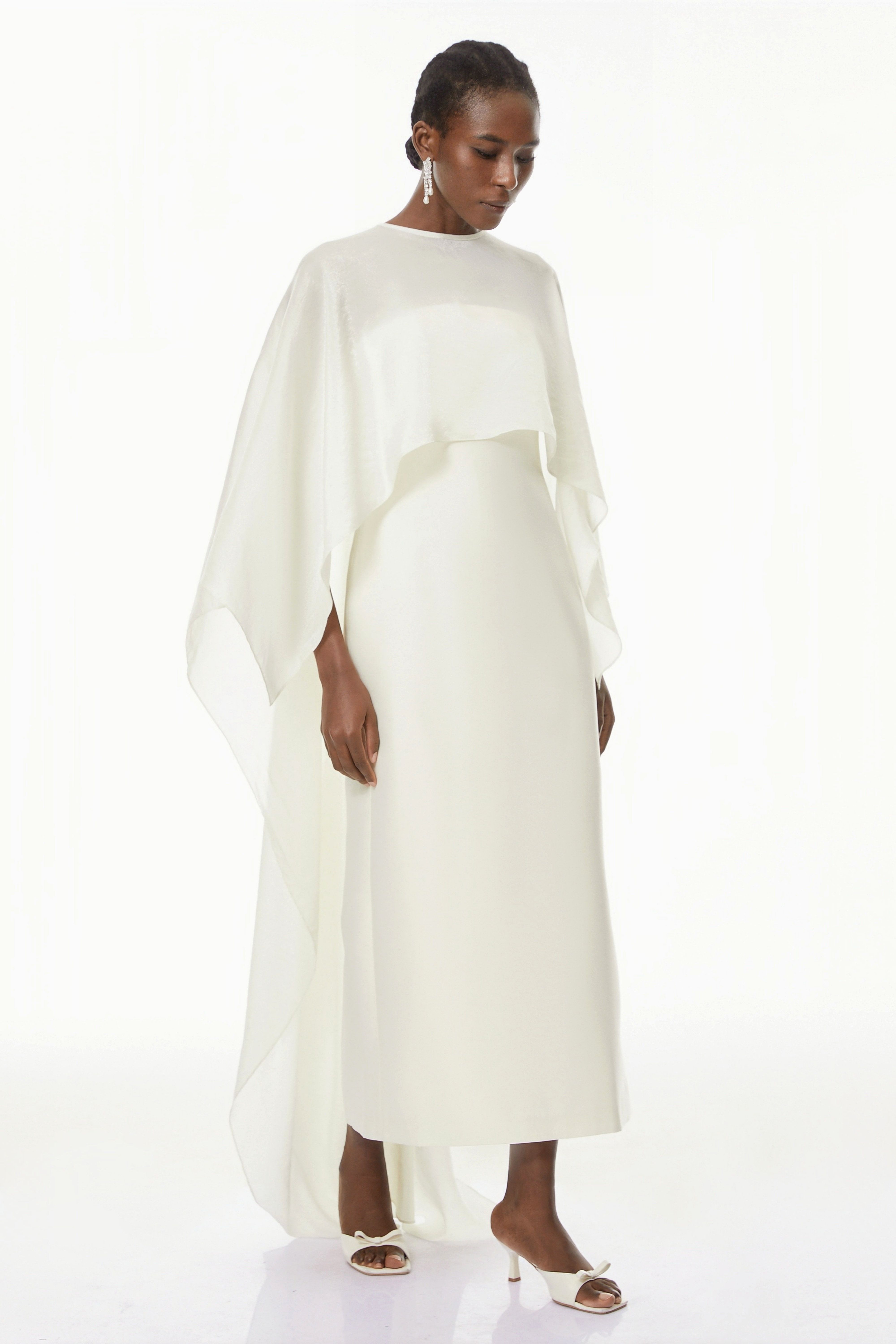 Xiomara White Cape Design Satin Maxi Dress (Final Sale-US Only)