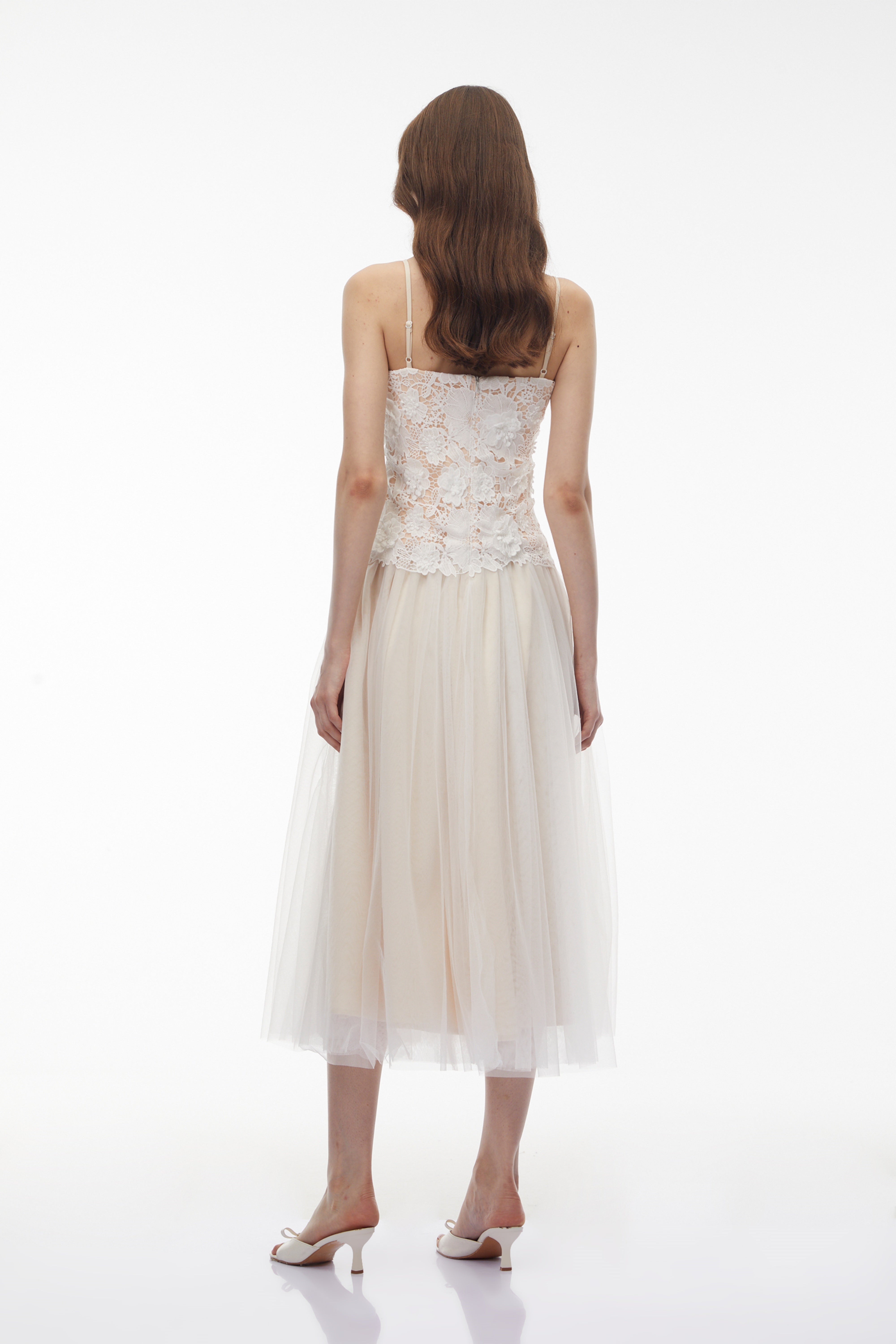 Yael White Lace Panel Tulle Midi Dress (Final Sale)