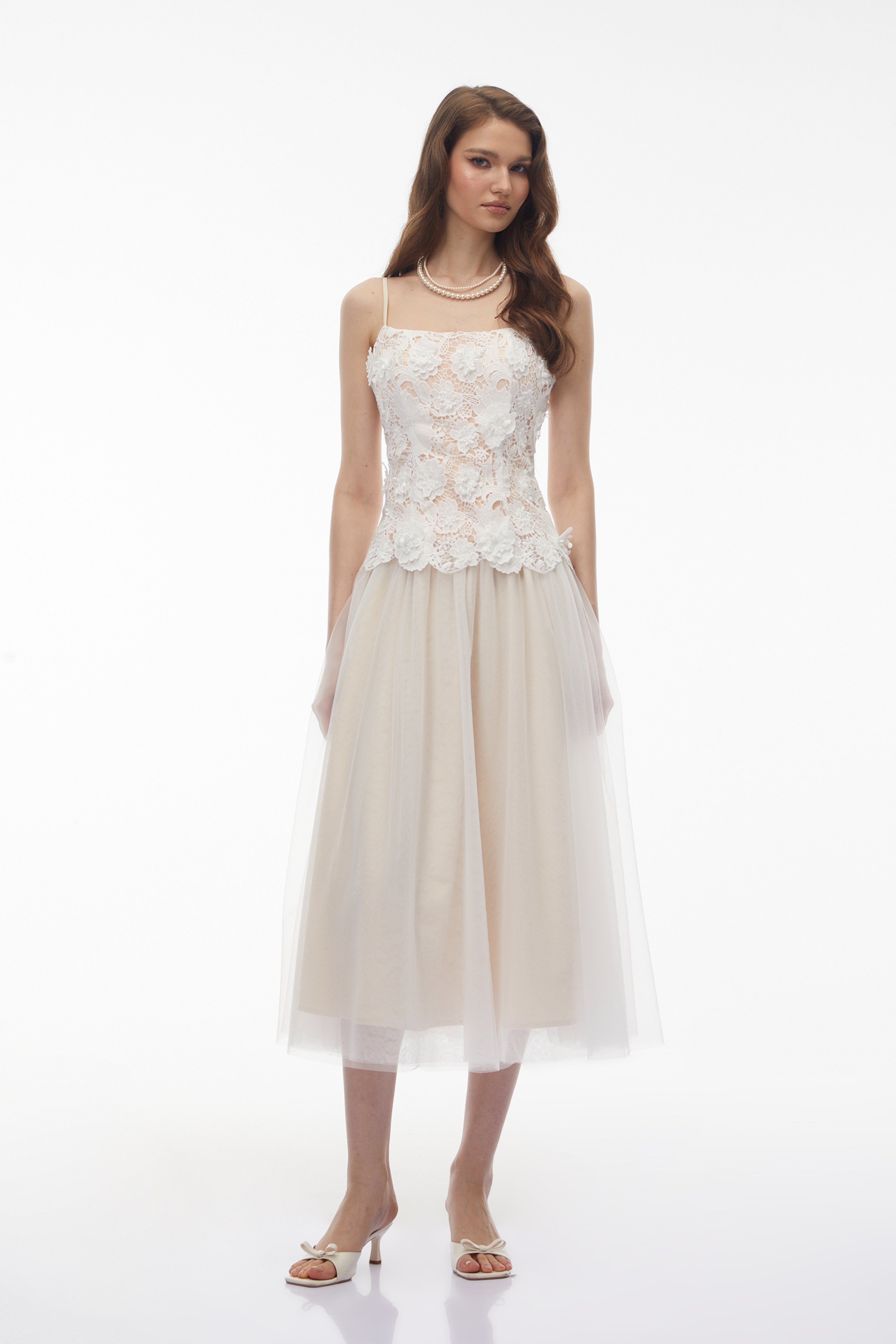 Yael White Lace Panel Tulle Midi Dress (Final Sale)