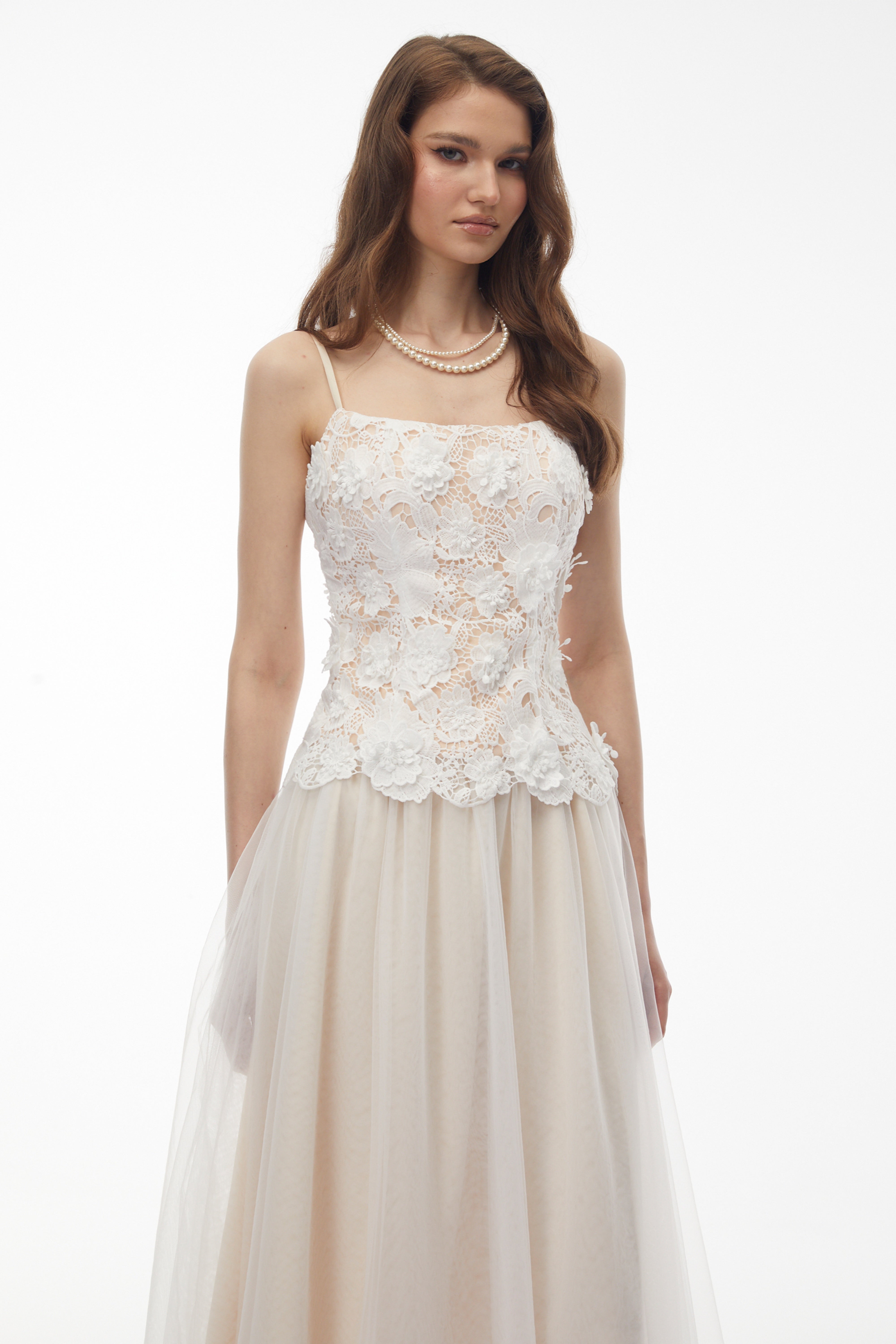 Yael White Lace Panel Tulle Midi Dress (Final Sale)