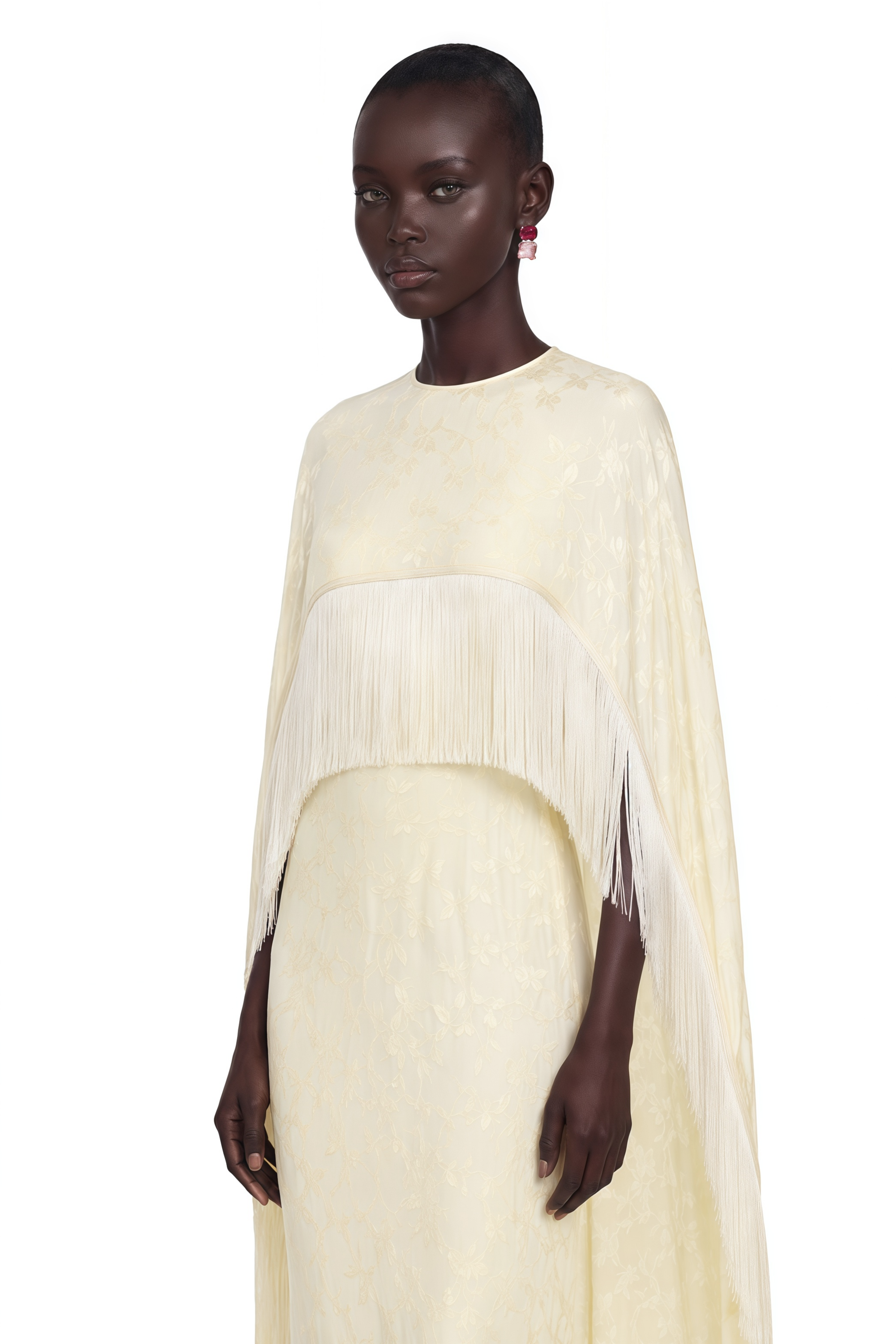 Yolanda Pale Yellow Maxi Dress with Cape Overlay and Fringe