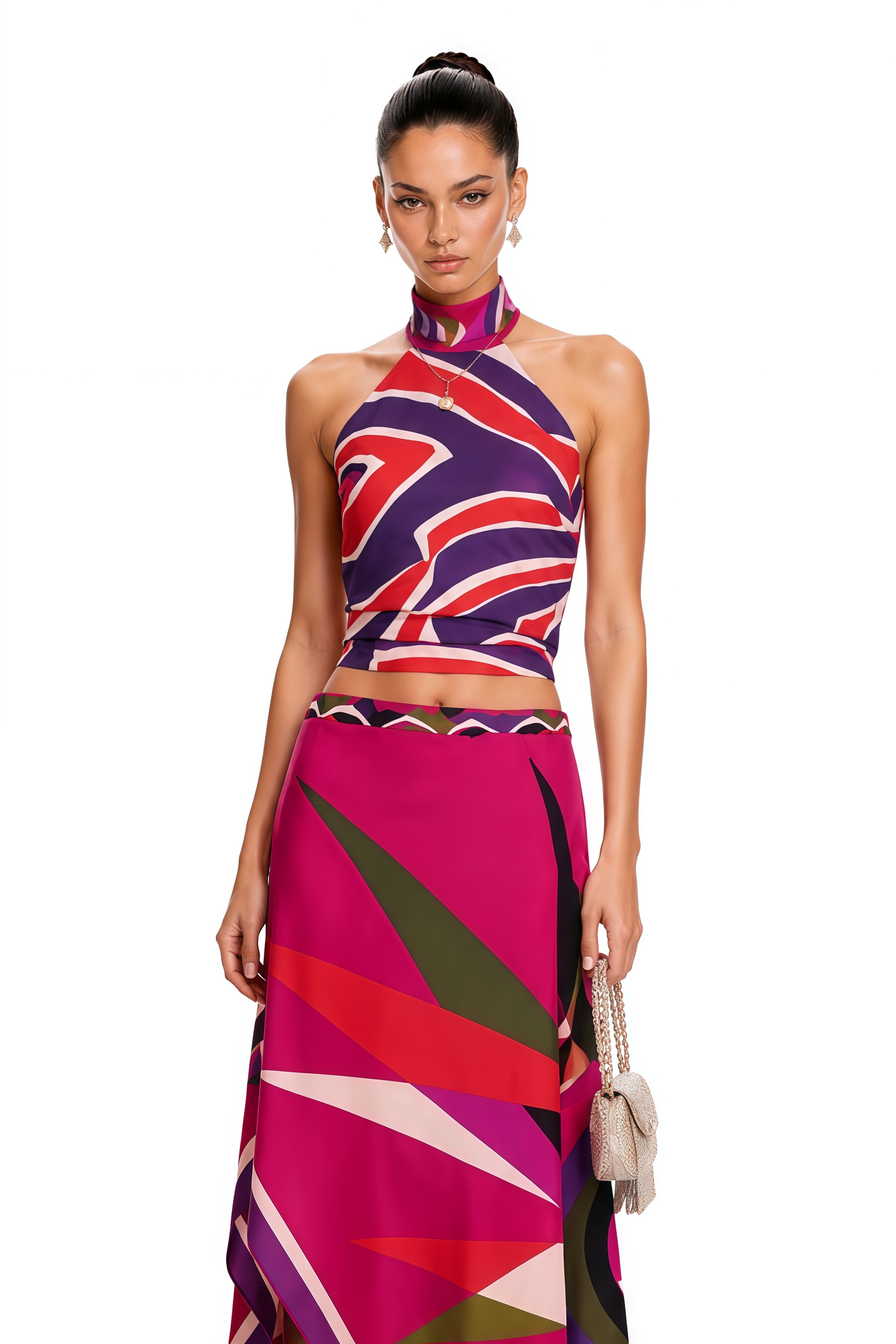 Yvette Fuchsia Abstract Print Halterneck Crop Top & Skirt Set