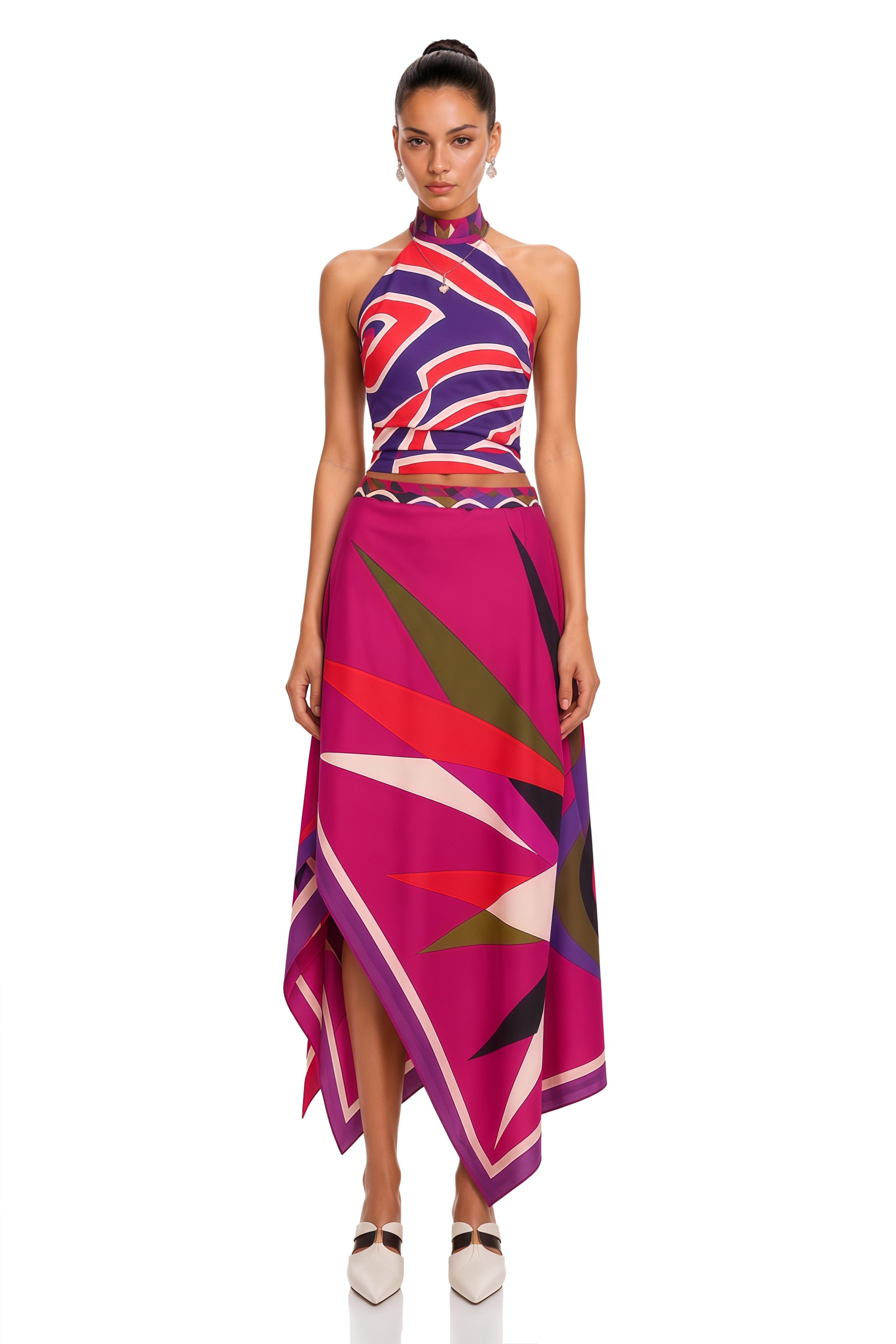 Yvette Fuchsia Abstract Print Halterneck Crop Top & Skirt Set