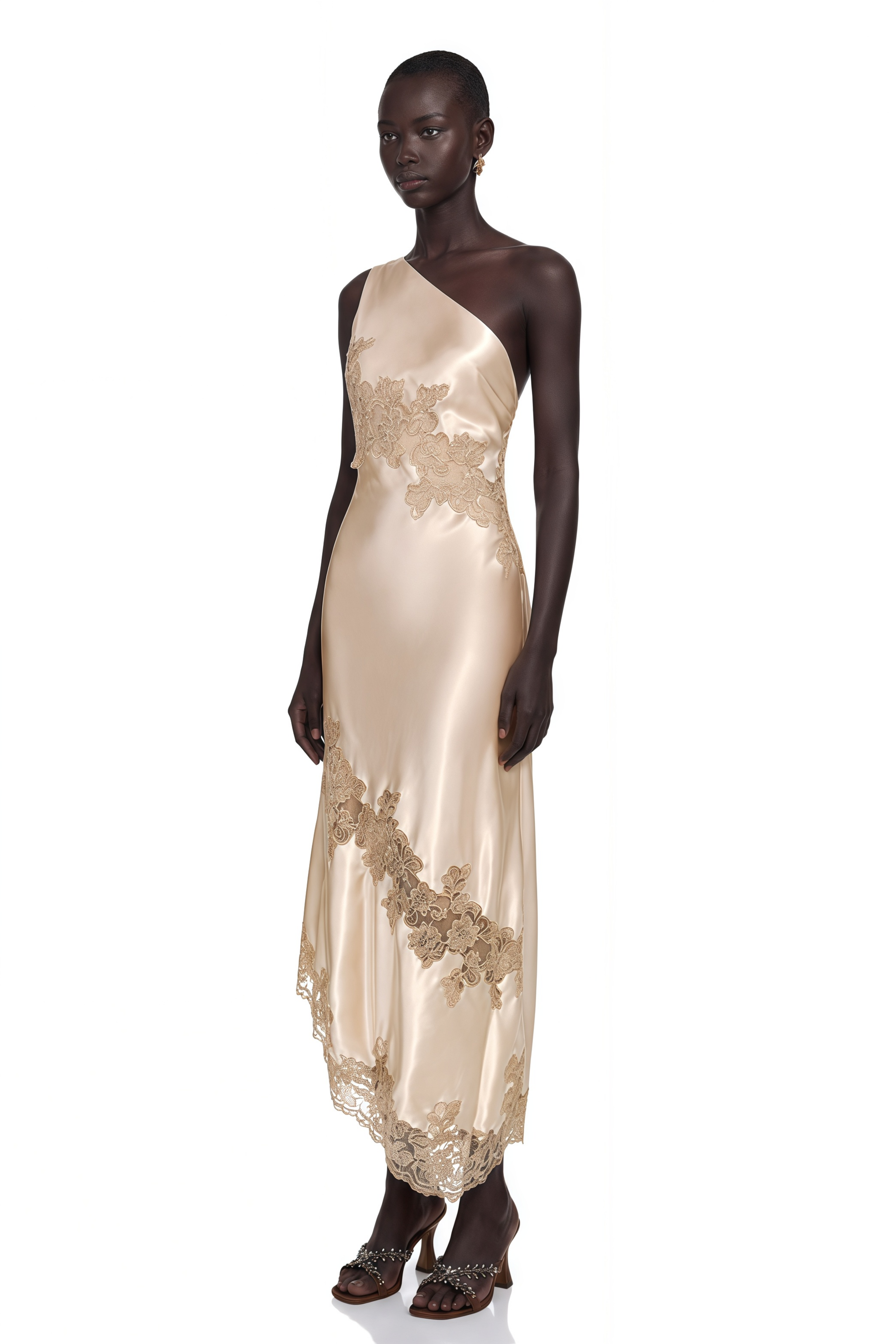 Champagne satin one-shoulder maxi dress with lace appliqués