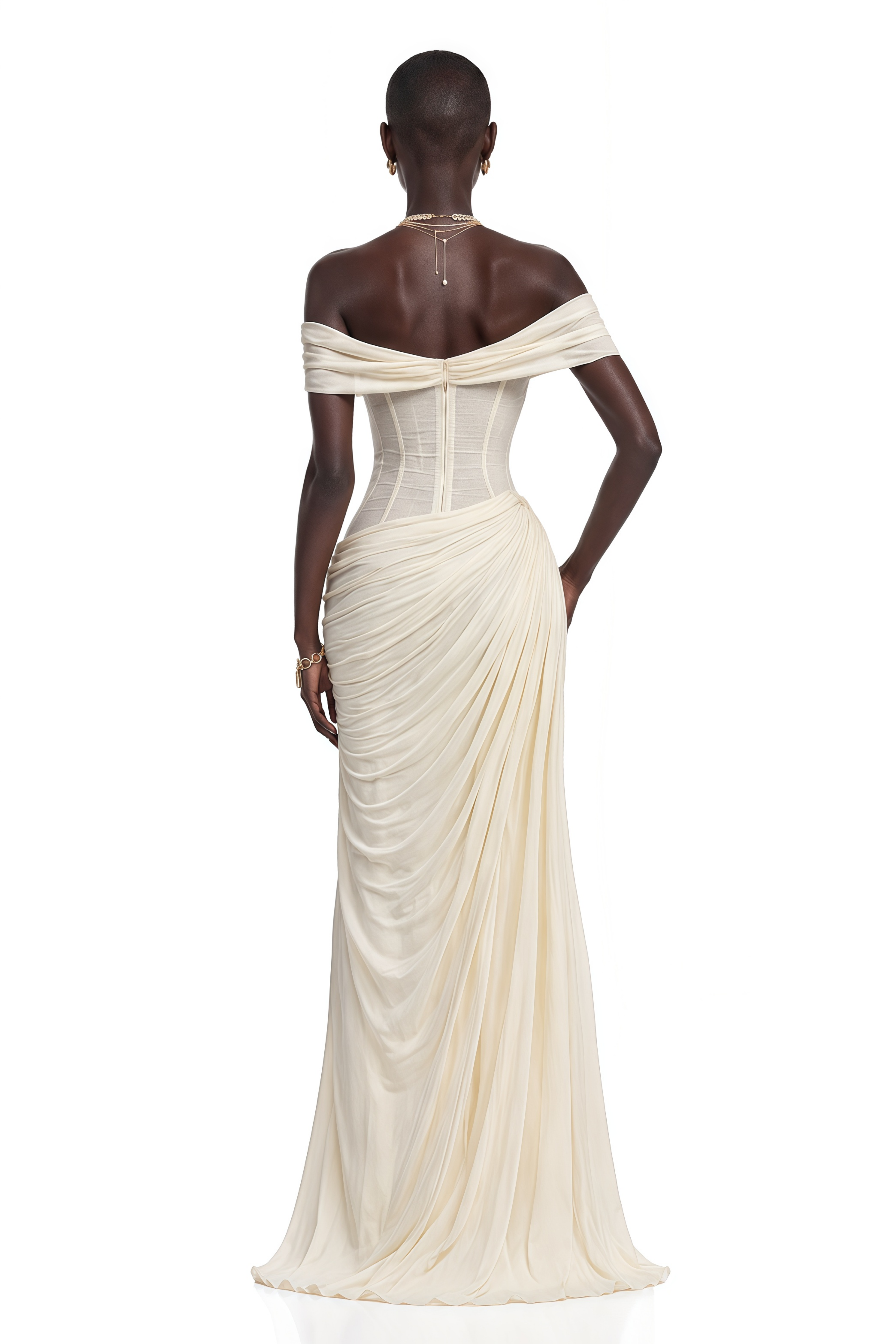 Zinnia White Off Shoulder Ruched Corset Maxi Dress
