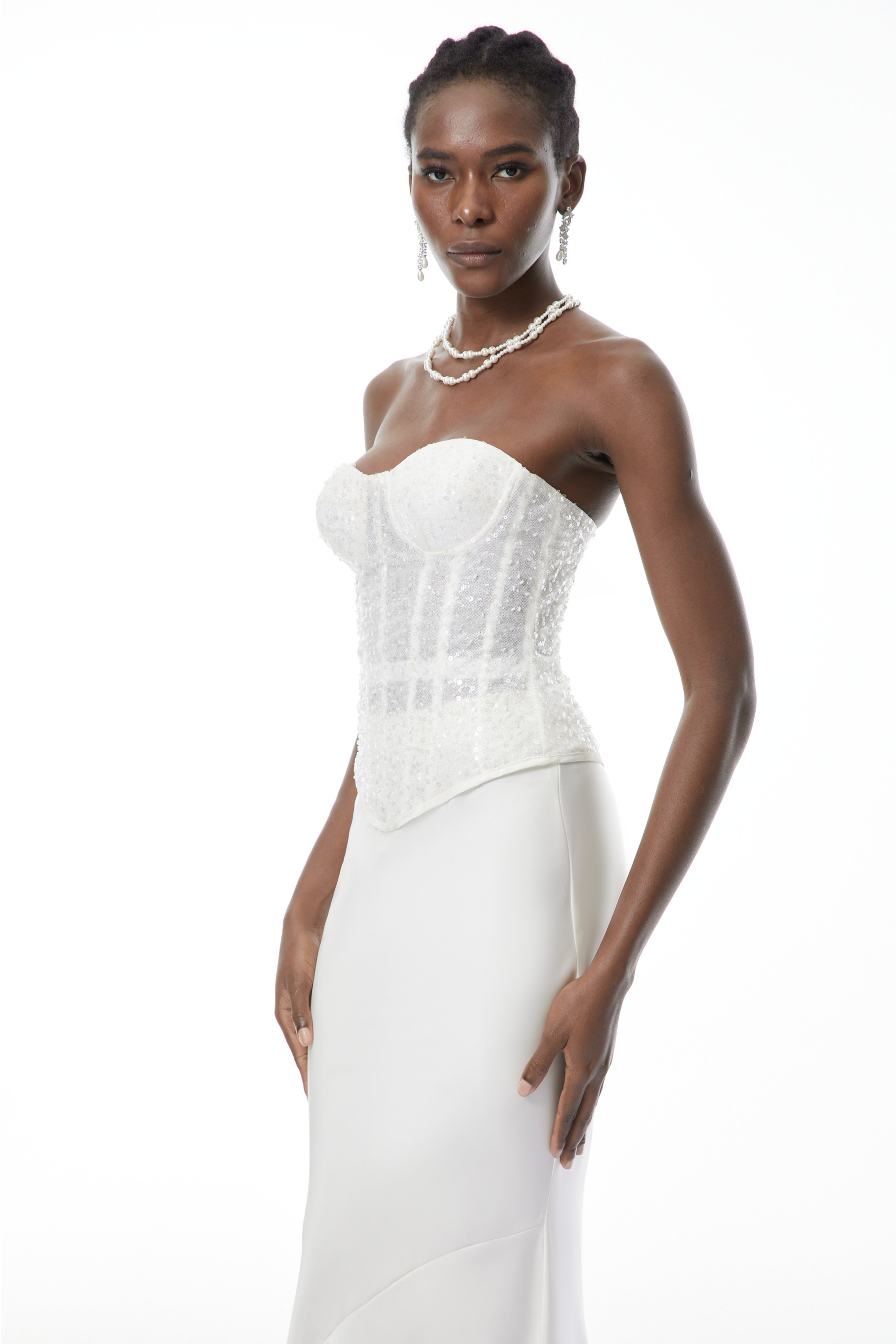 Zora White Sequin Corset Top & Satin Skirt Set (Final Sale-US Only)