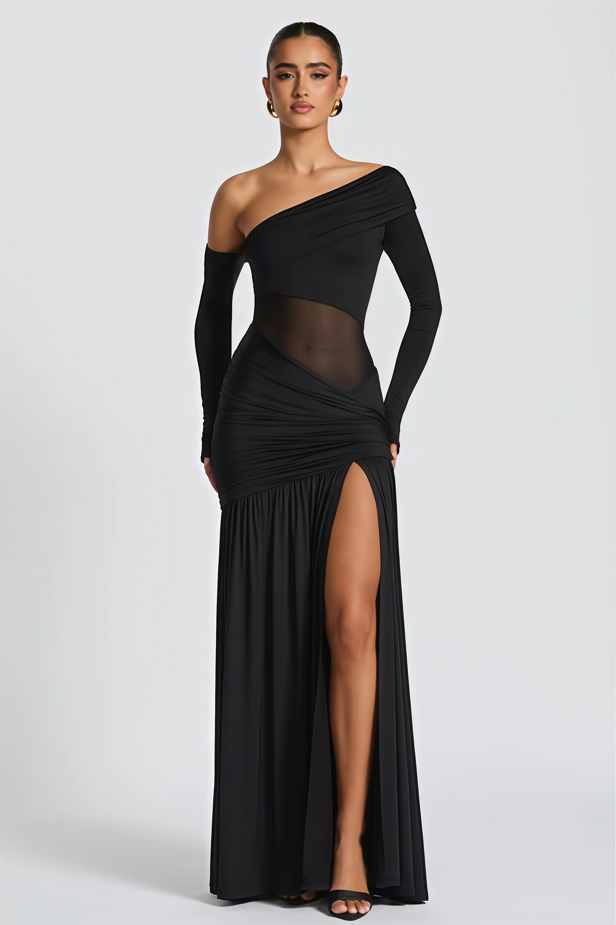 Anastasia Black One Shoulder Gathered Maxi Dress (Final Sale-US Only)
