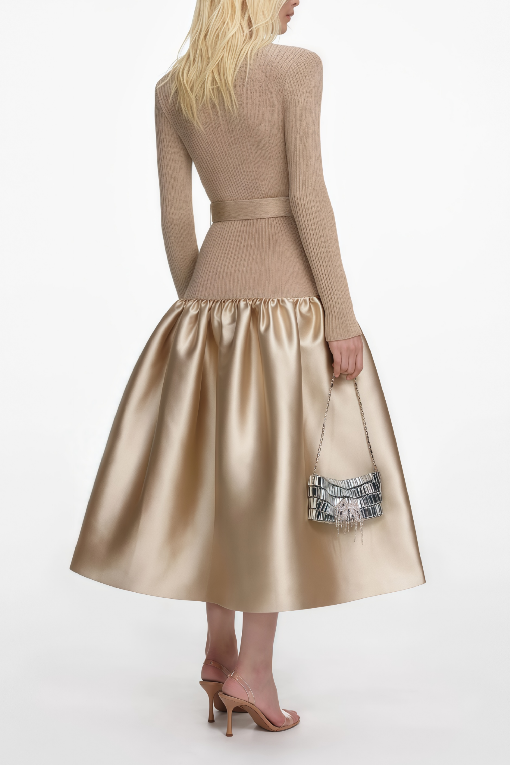 Gold Knit Taffeta Midi Dress