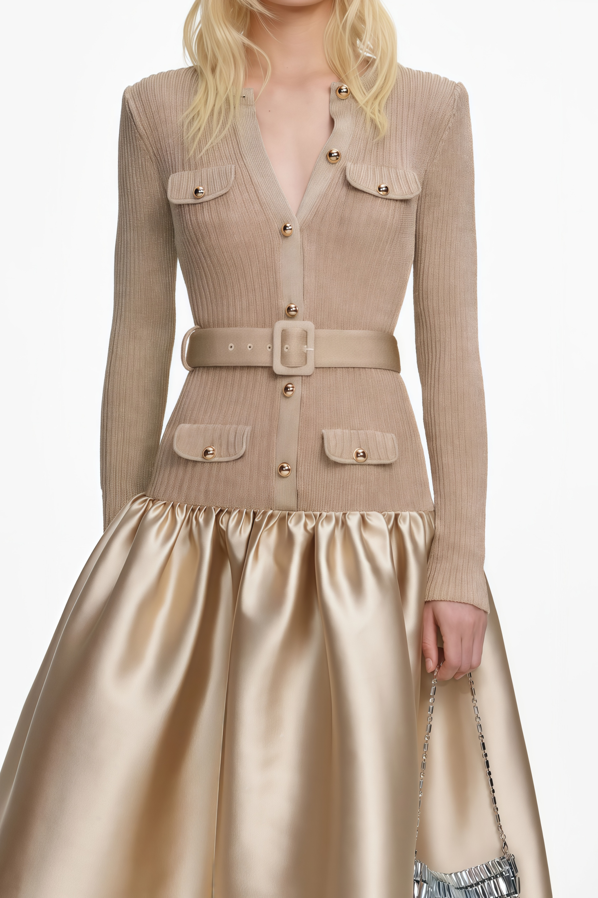Gold Knit Taffeta Midi Dress