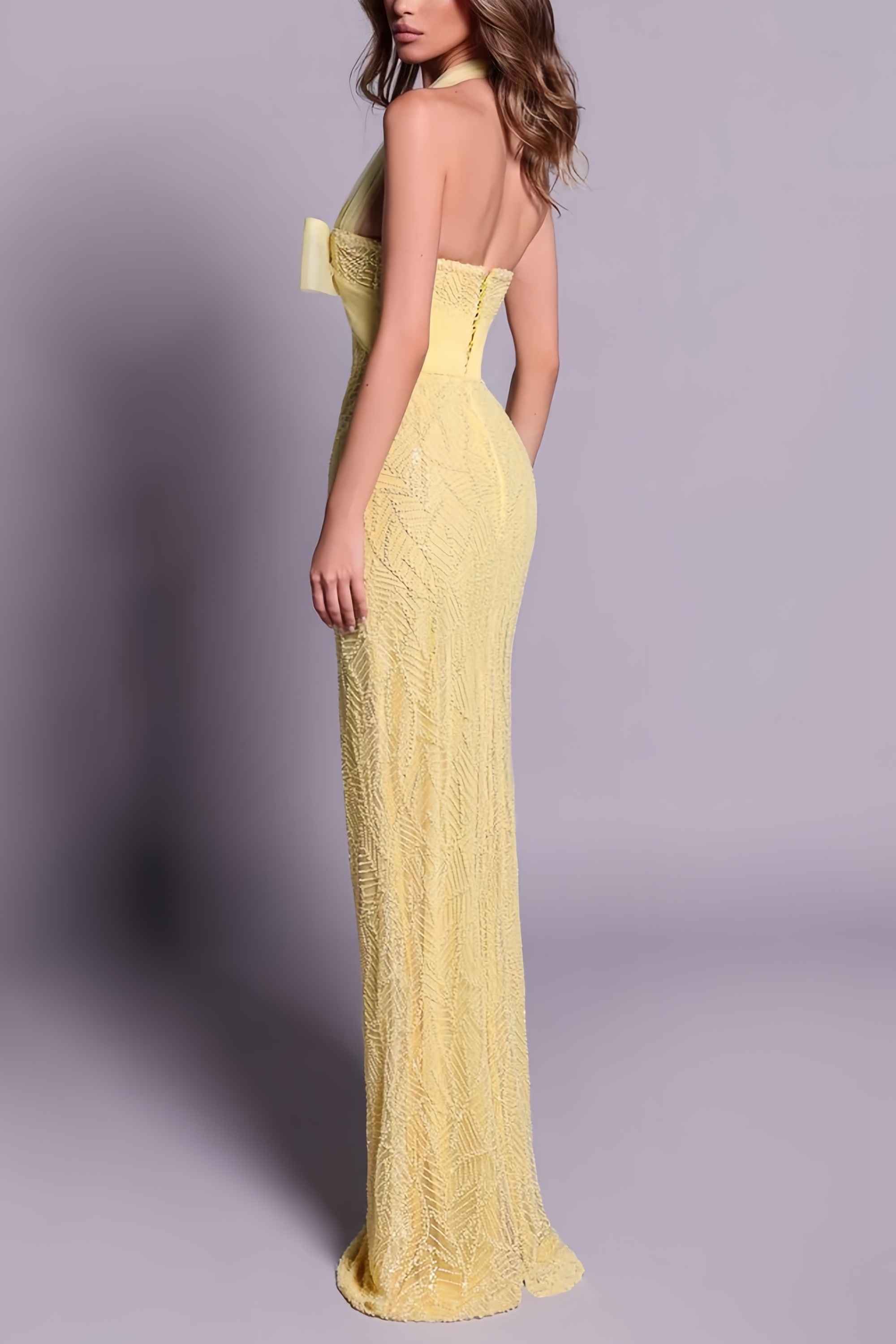 Yellow Halter Neck Beading Prom Dress