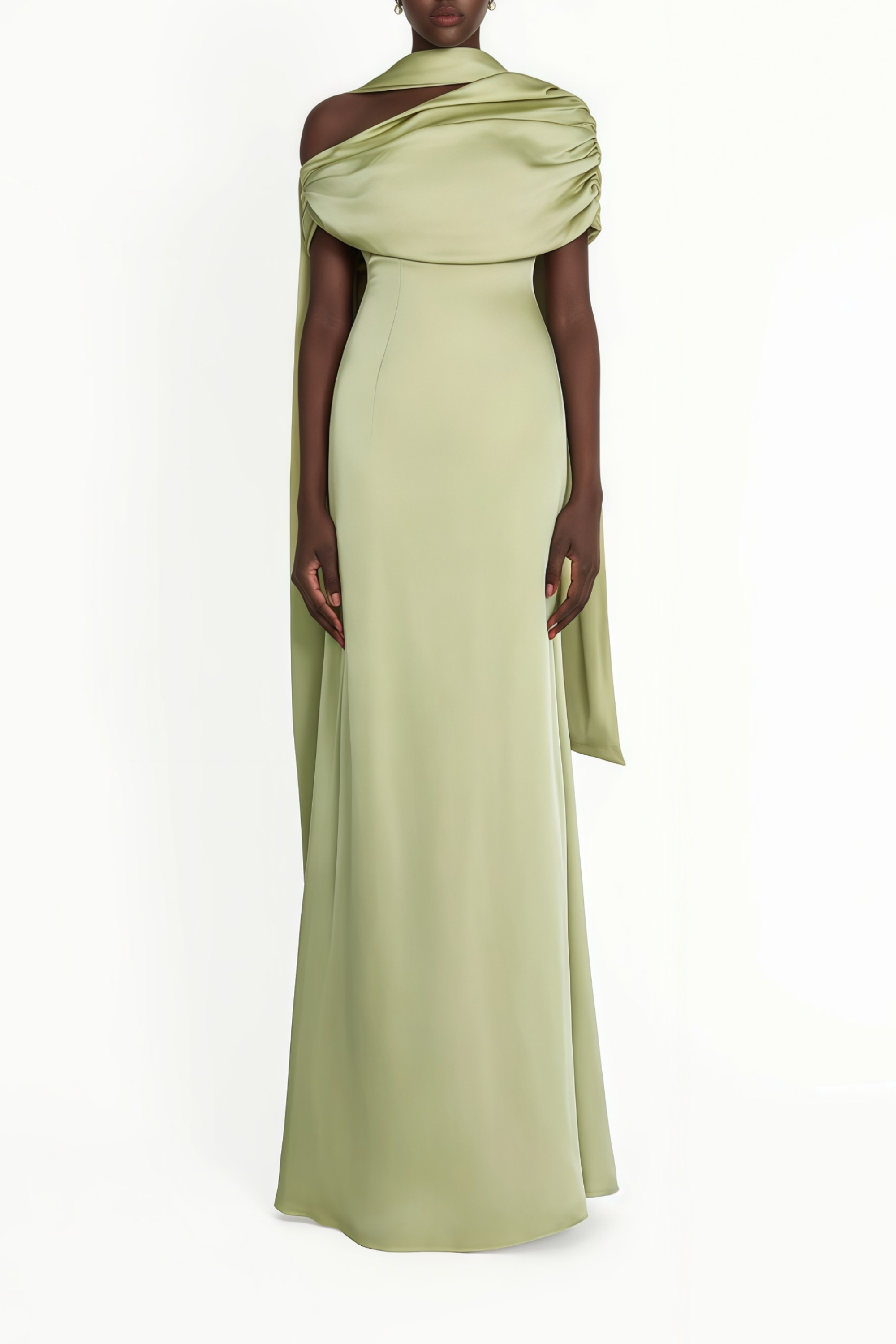 Green One Shoulder Satin Maxi Dress