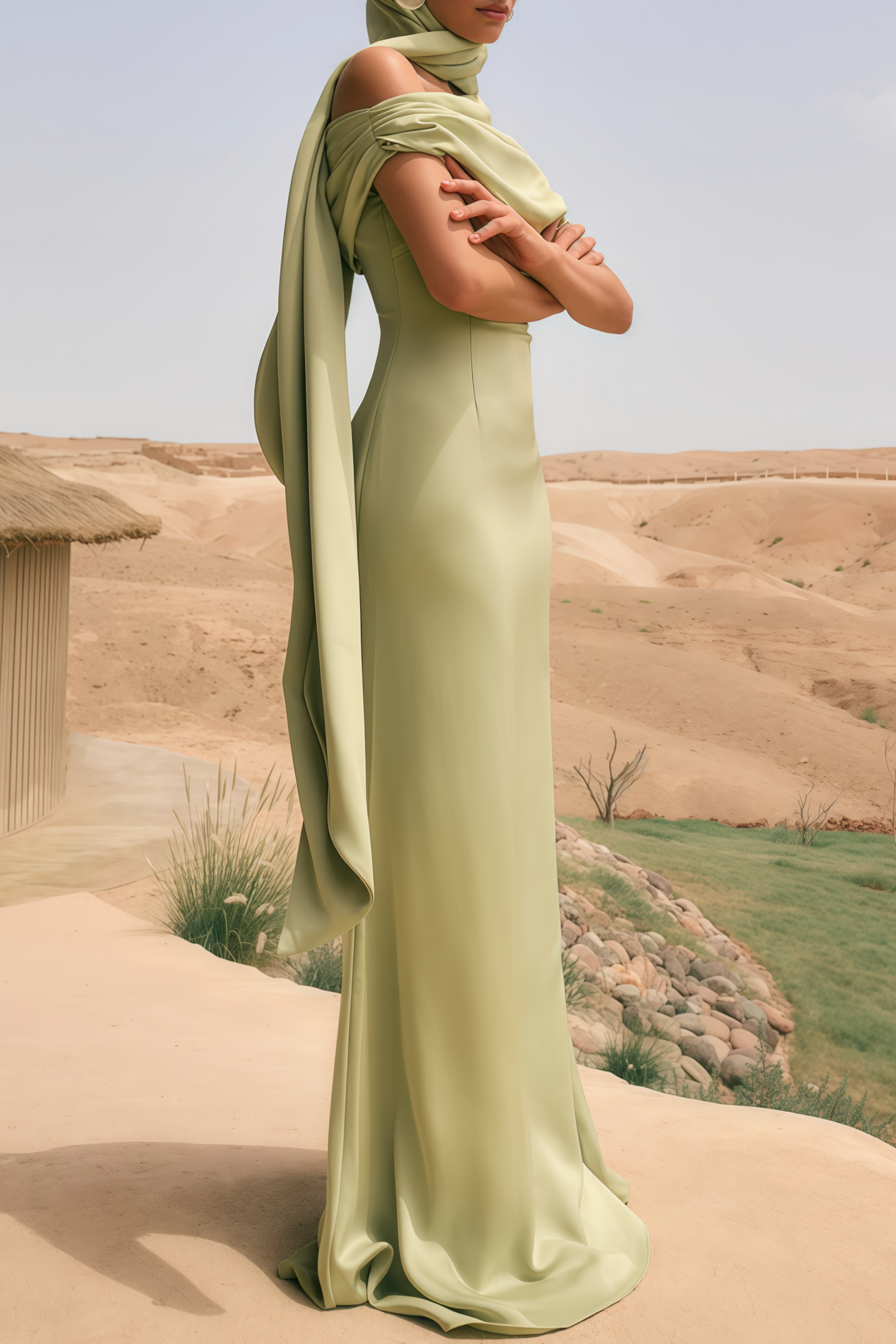 Green One Shoulder Satin Maxi Dress