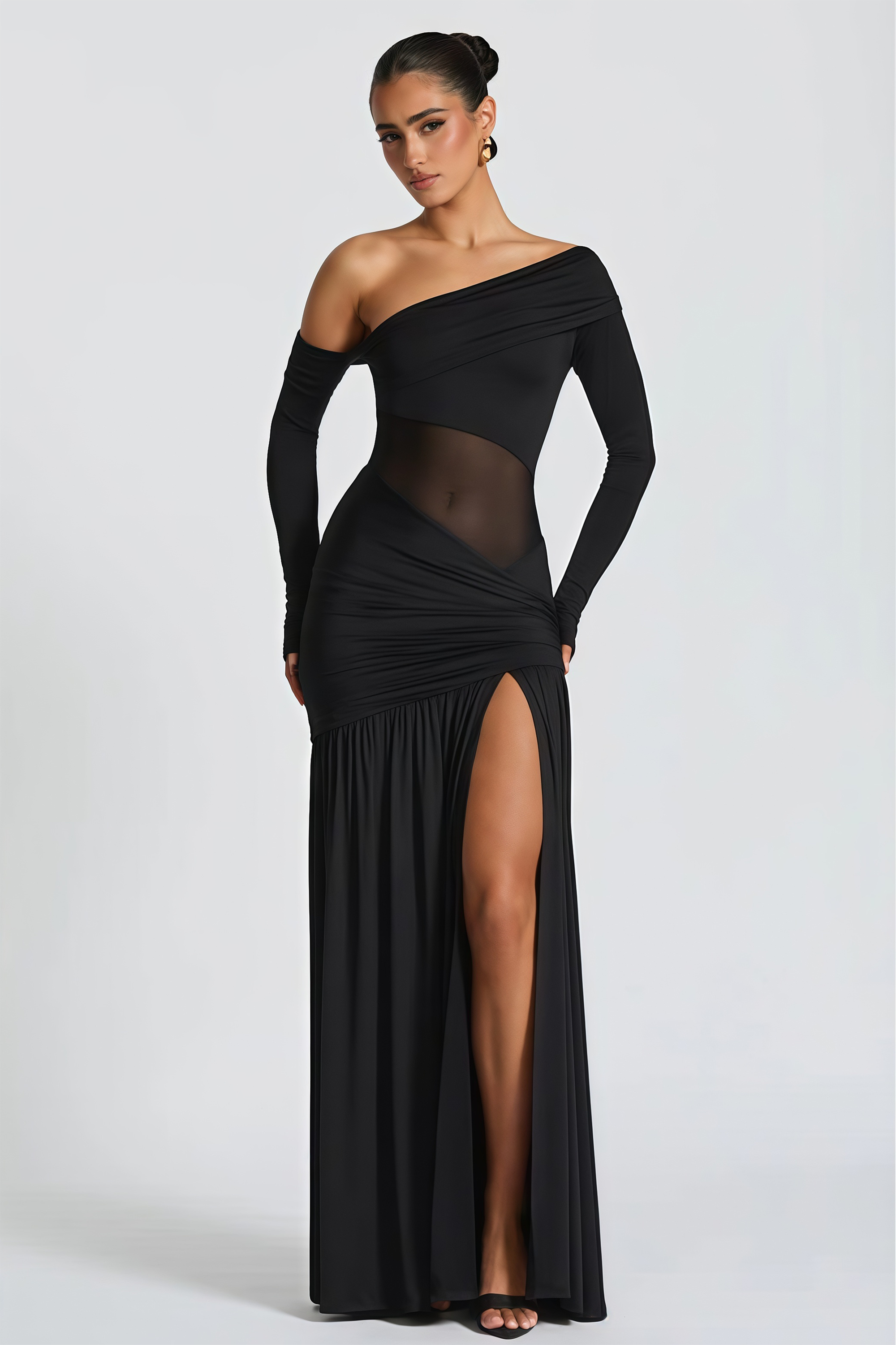 Anastasia Black One Shoulder Gathered Maxi Dress (Final Sale-US Only)