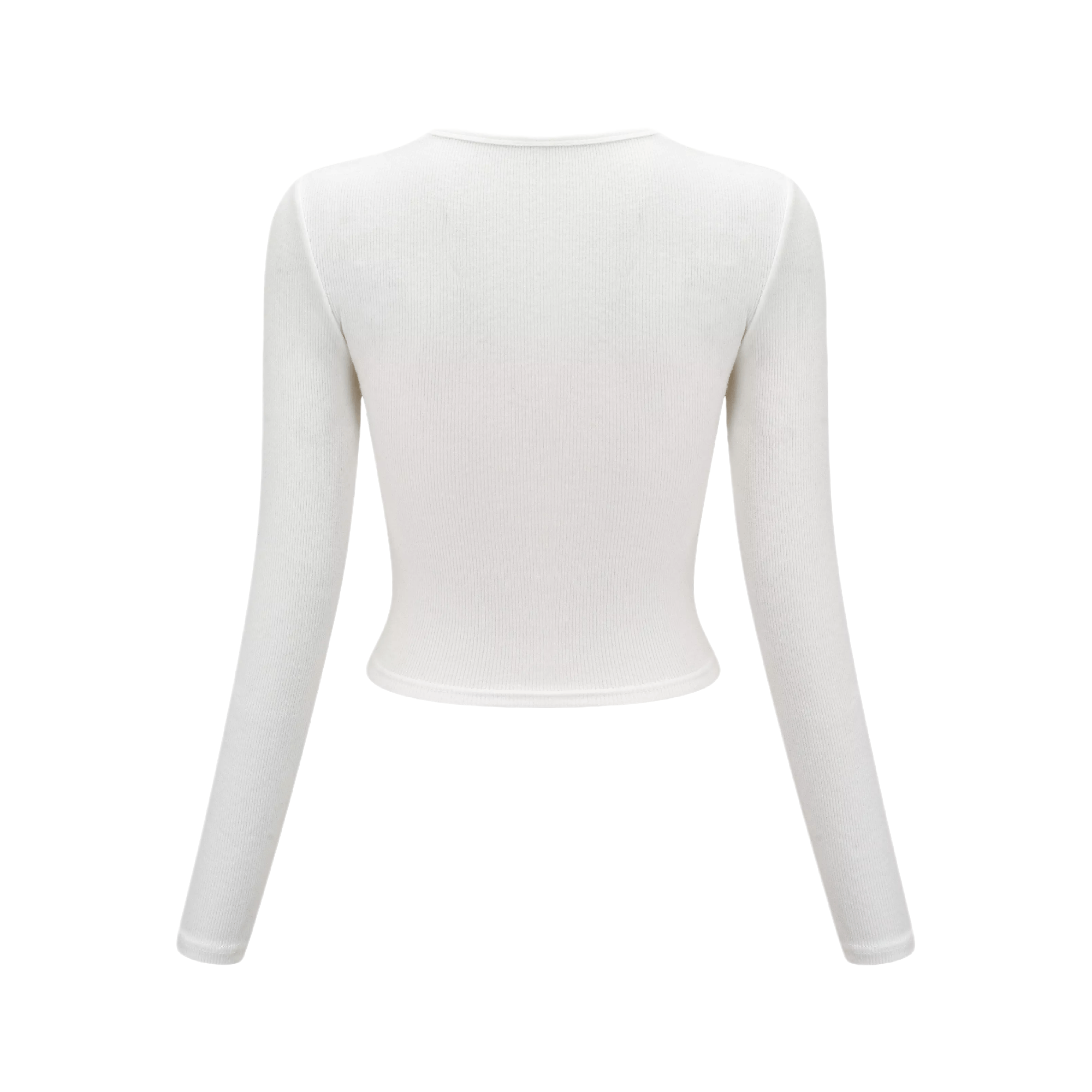 White long-sleeve crop top with a square neckline and front hook-and-eye closures