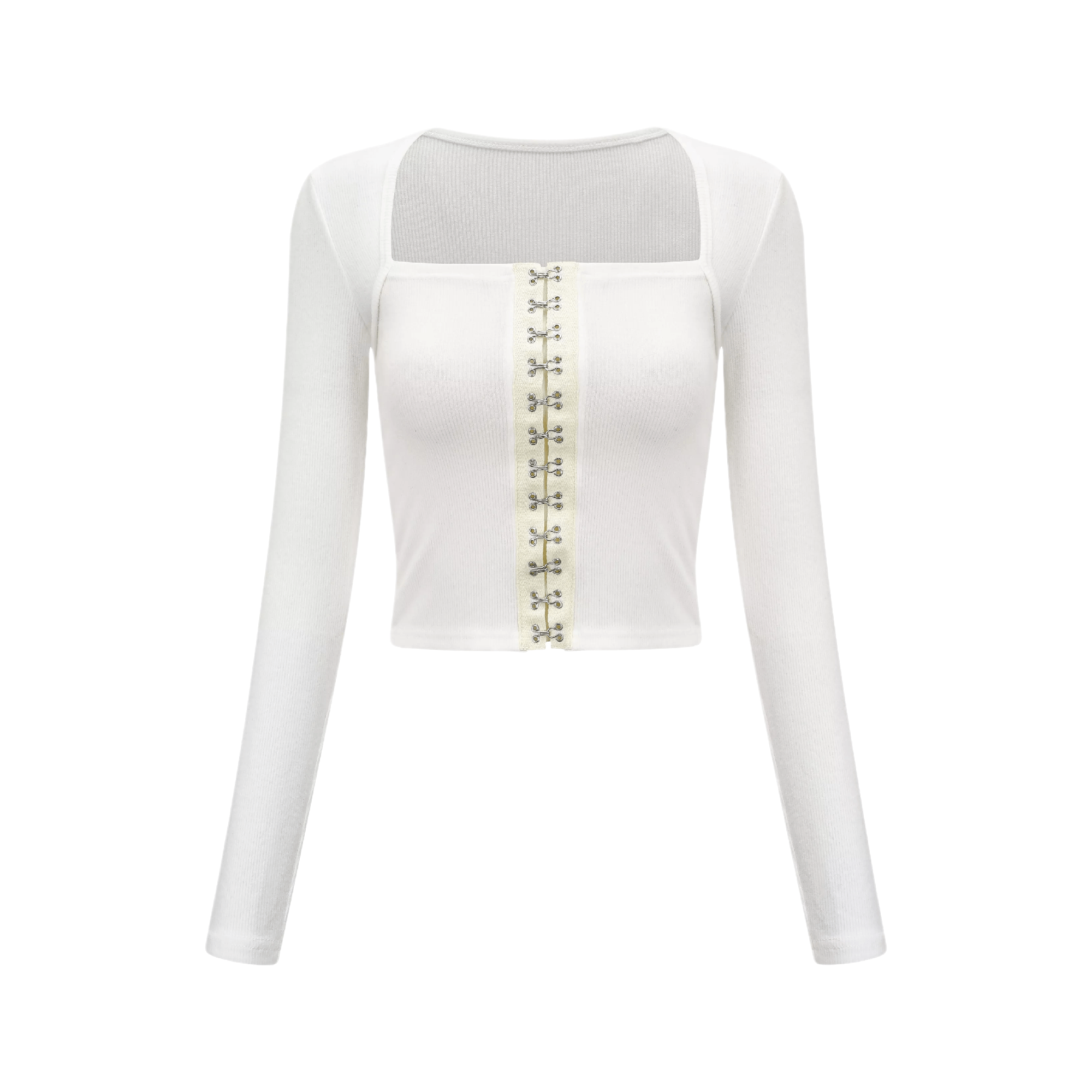 White long-sleeve crop top with a square neckline and front hook-and-eye closures