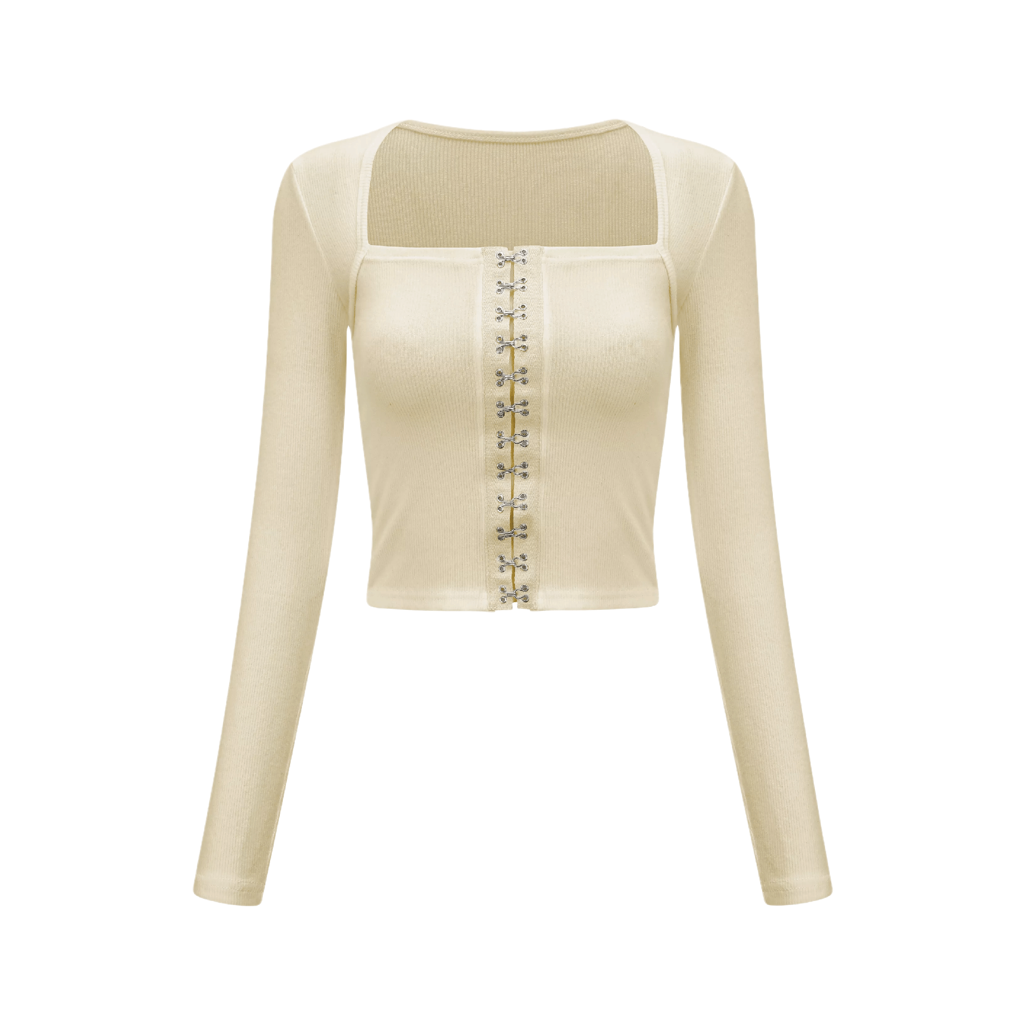 Yellow long-sleeve crop top with a square neckline and front hook-and-eye closures
