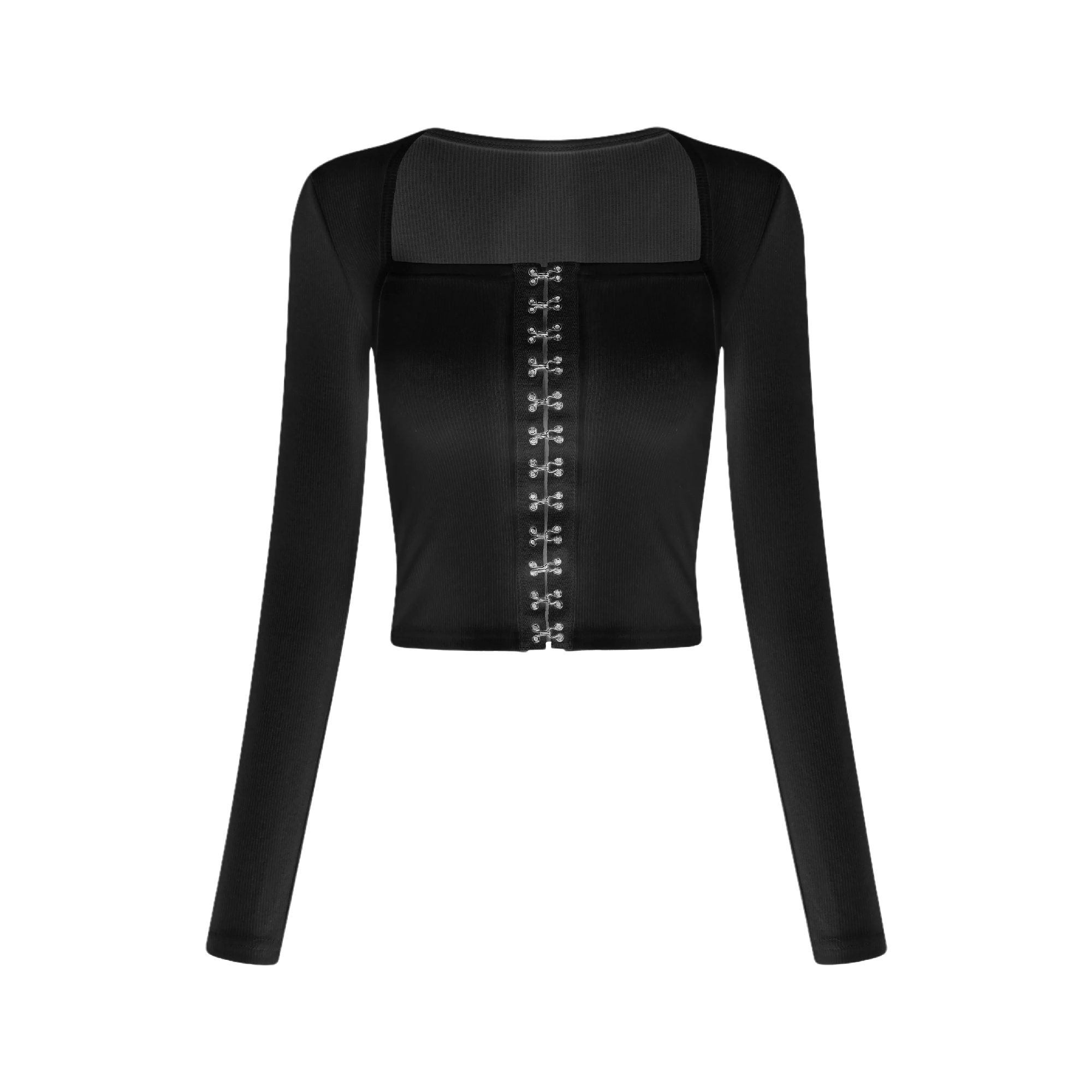 Black long-sleeve crop top with a square neckline and front hook-and-eye closures
